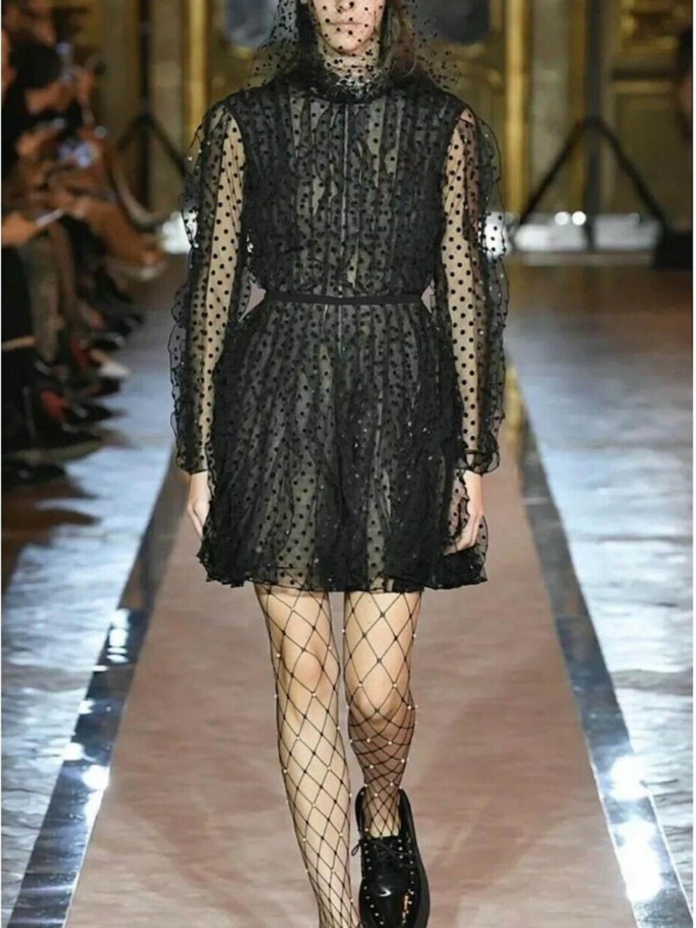 Giambattista Valli for H&M Black Sheer Polka Dot Mini Dress with Ruffle Hem